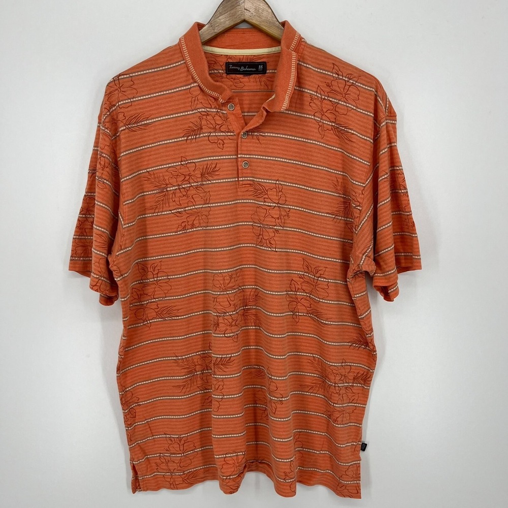 Tommy Bahama 18 Golf Mens Orange Tropical Floral Striped Polo Shirt Large